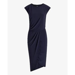NWT EXPRESS Navy Blue Crew Neck Cap Sleeve Ruched Draped Midi Sheath Dress